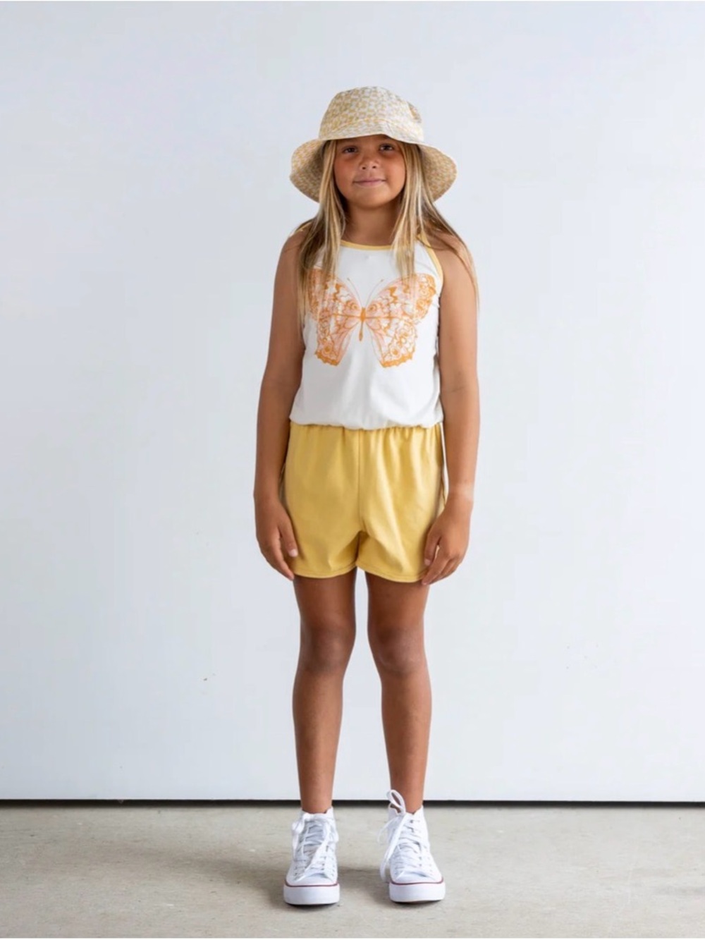 Tiny Whales Be Free Butterfly Romper Natural & Pollen Yellow Girls Size 5